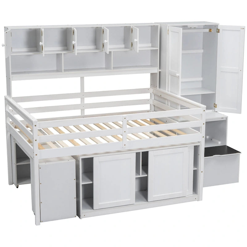 Wooden Loft Bed with Integrated Wardrobe, Under-bed Desk, Drawers, with Shelves