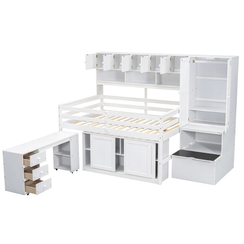 Wooden Loft Bed with Integrated Wardrobe, Under-bed Desk, Drawers, with Shelves