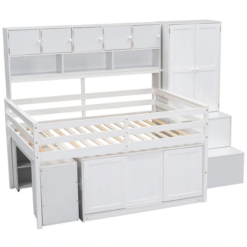 Wooden Loft Bed with Integrated Wardrobe, Under-bed Desk, Drawers, with Shelves