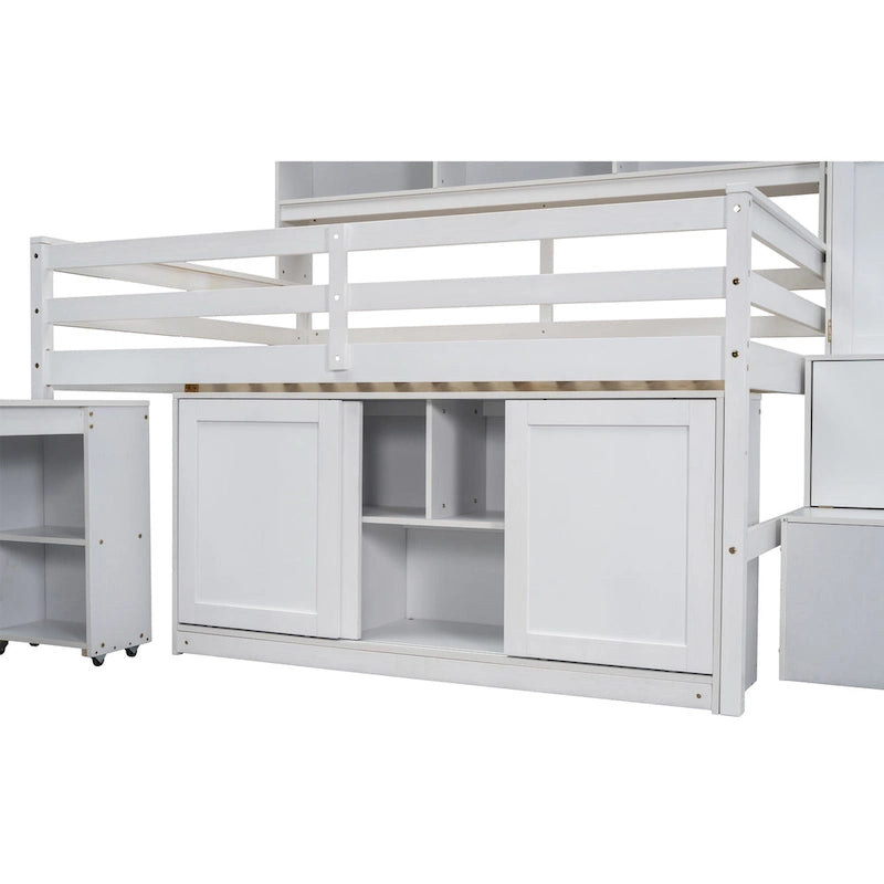 Wooden Loft Bed with Integrated Wardrobe, Under-bed Desk, Drawers, with Shelves