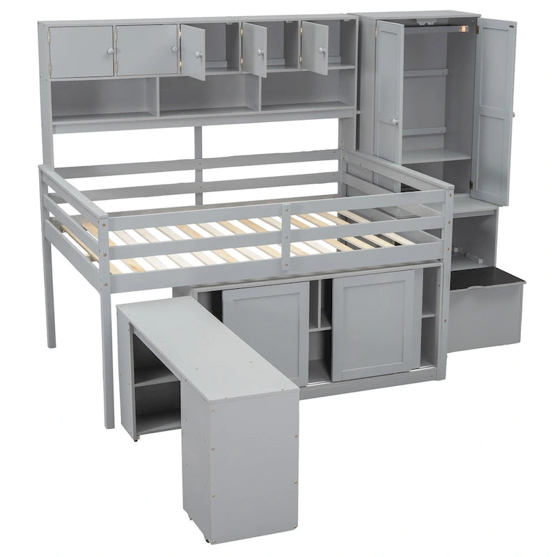 Wooden Loft Bed with Integrated Wardrobe, Under-bed Desk, Drawers, with Shelves