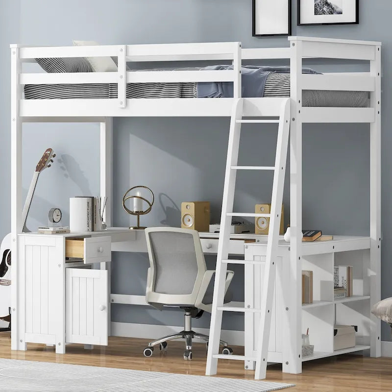White Twin Size Solid Wood Loft Bed with Desk, Blackboard, Storage Box, Shelf and 3 Drawers