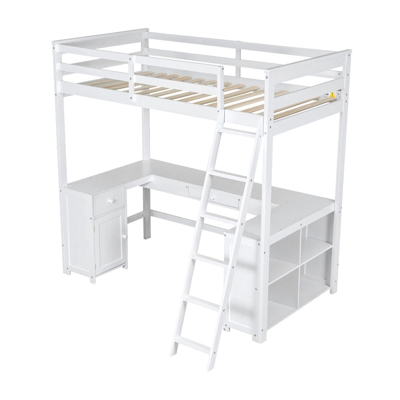 White Twin Size Solid Wood Loft Bed with Desk, Blackboard, Storage Box, Shelf and 3 Drawers