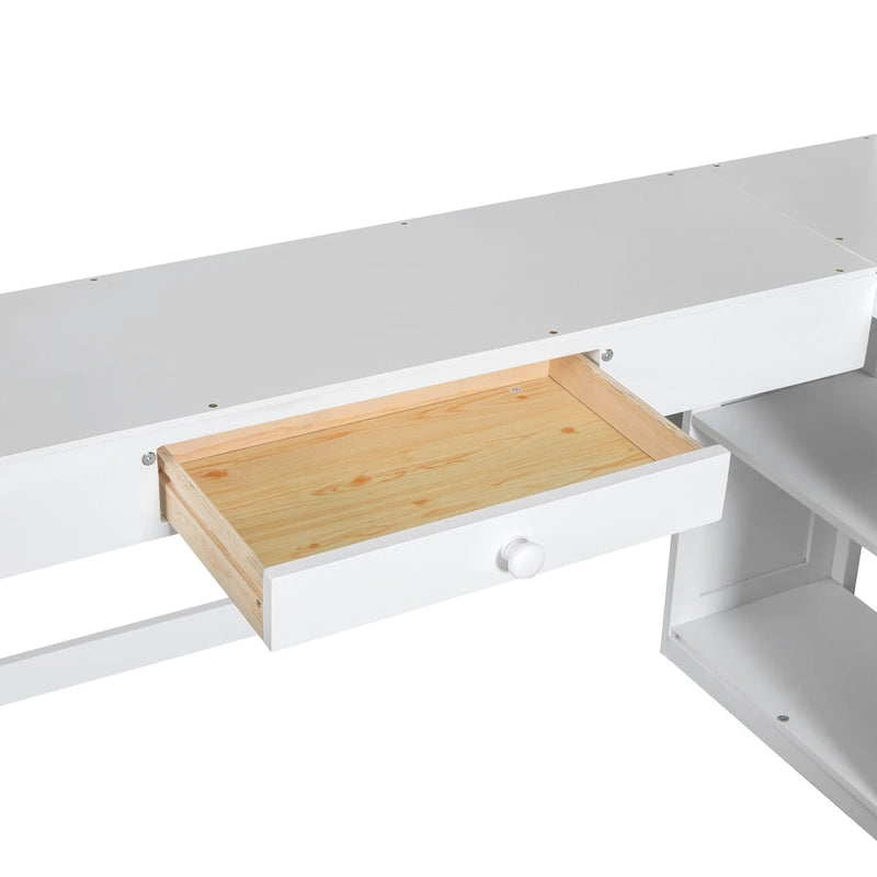 White Twin Size Solid Wood Loft Bed with Desk, Blackboard, Storage Box, Shelf and 3 Drawers