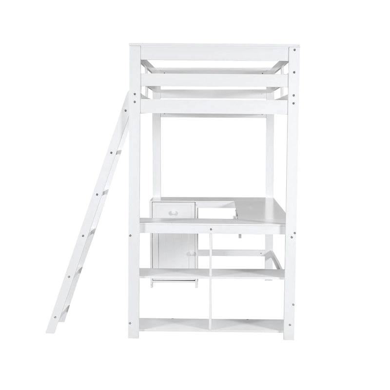White Twin Size Solid Wood Loft Bed with Desk, Blackboard, Storage Box, Shelf and 3 Drawers
