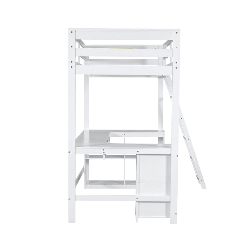 White Twin Size Solid Wood Loft Bed with Desk, Blackboard, Storage Box, Shelf and 3 Drawers