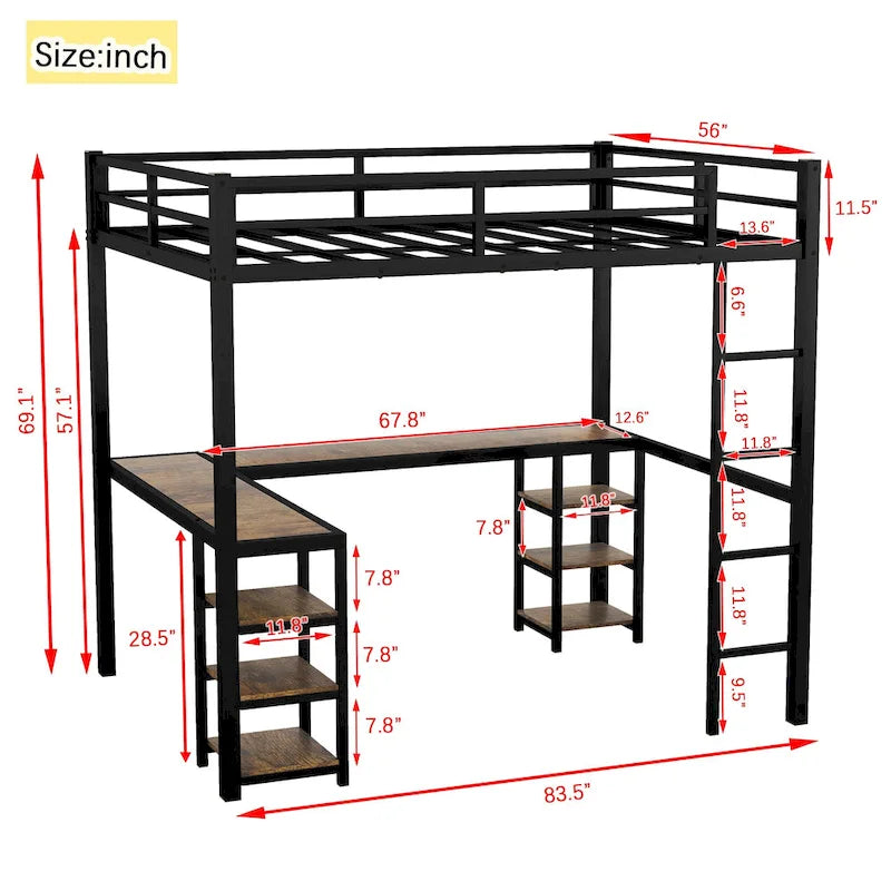Black Full XL Size Metal Size Loft Bed with Desk and Shelves, Loft Bed with Ladder and Guardrails, Loft Bed Frame for Bedroom