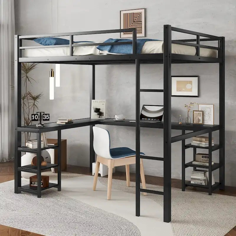 Black Full Size Metal Size Loft Bed with Desk and Shelves, Loft Bed with Ladder and Guardrails, Loft Bed Frame for Bedroom