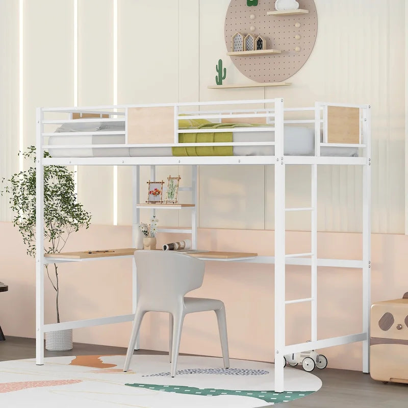 White Twin Size Metal Loft Bed with Desk and Shelves for Kids