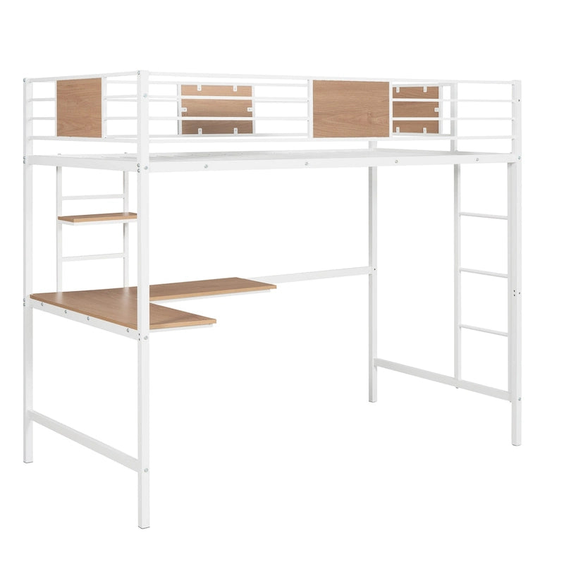 White Twin Size Metal Loft Bed with Desk and Shelves for Kids