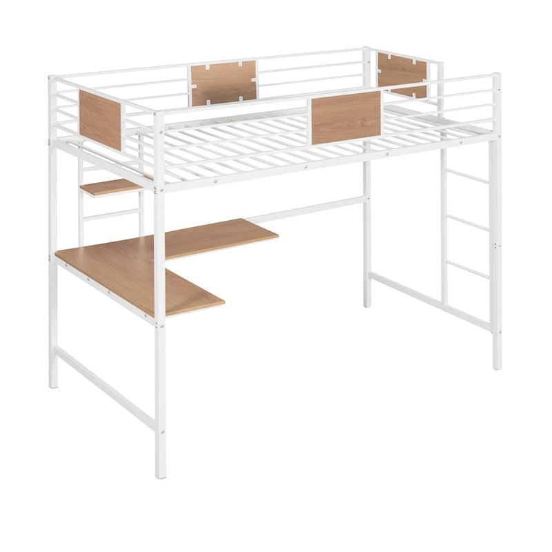 White Twin Size Metal Loft Bed with Desk and Shelves for Kids