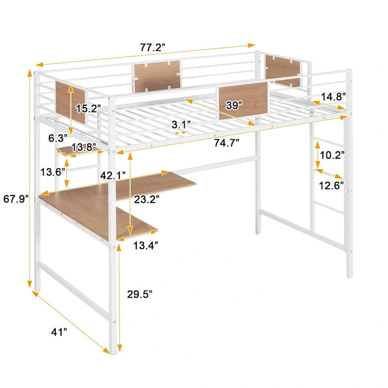 White Twin Size Metal Loft Bed with Desk and Shelves for Kids