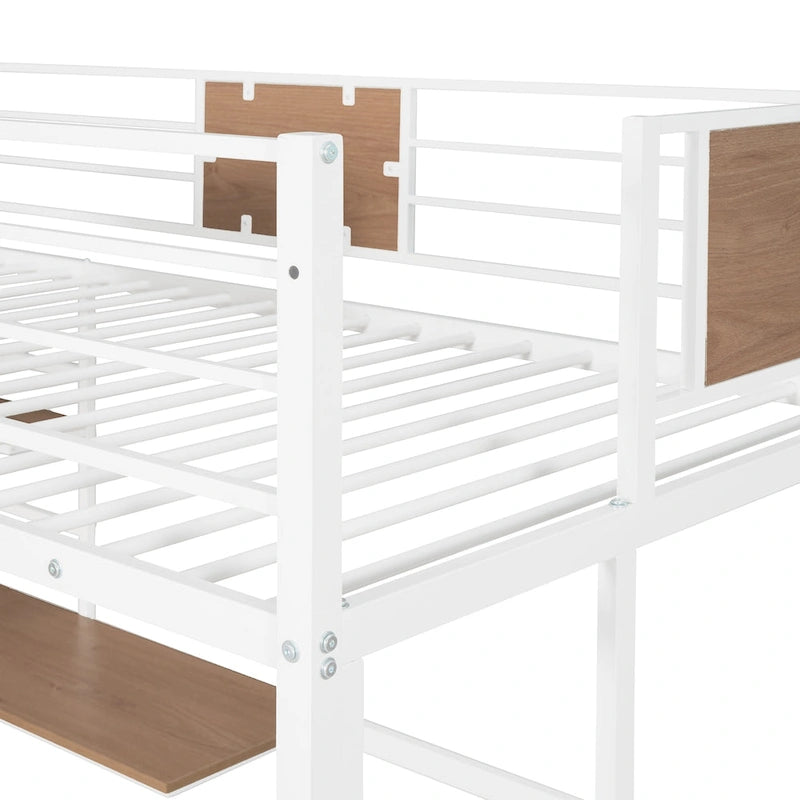 White Twin Size Metal Loft Bed with Desk and Shelves for Kids
