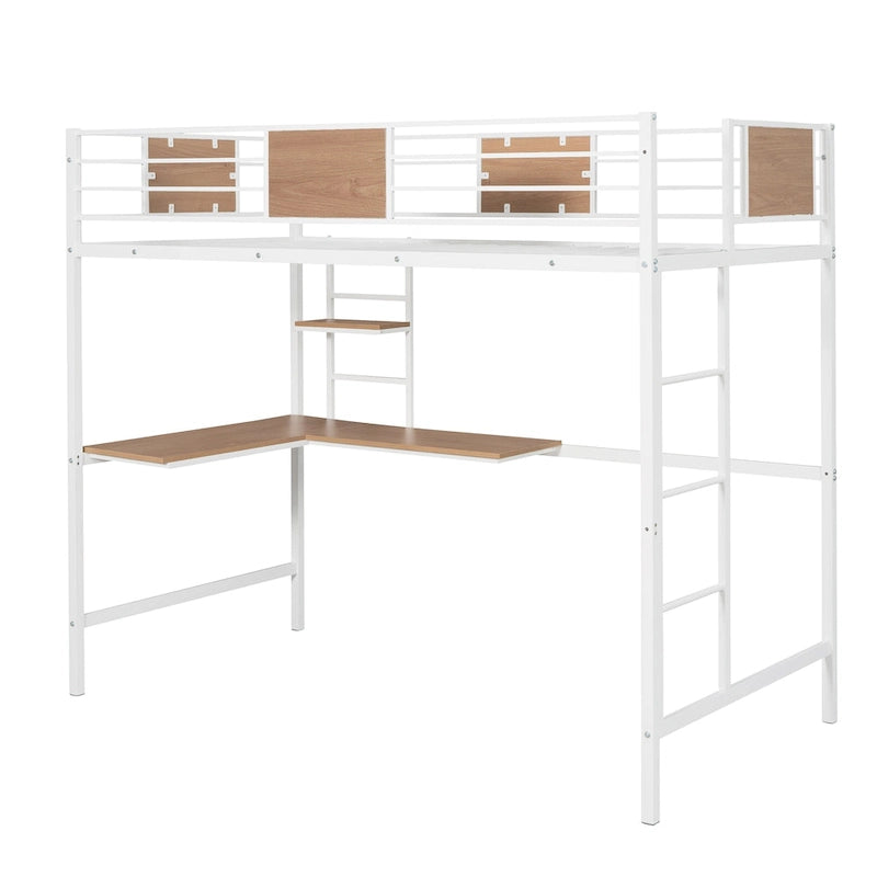 White Twin Size Metal Loft Bed with Desk and Shelves for Kids