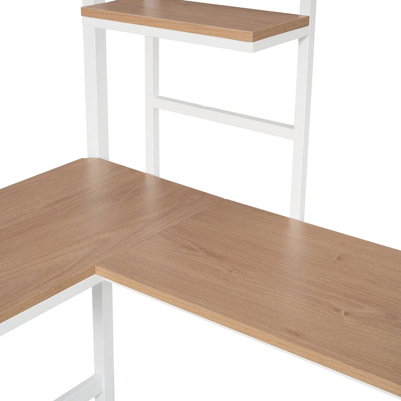 White Twin Size Metal Loft Bed with Desk and Shelves for Kids