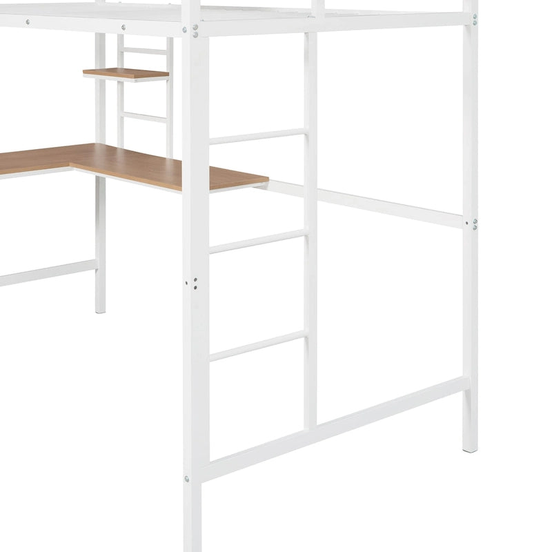 White Twin Size Metal Loft Bed with Desk and Shelves for Kids