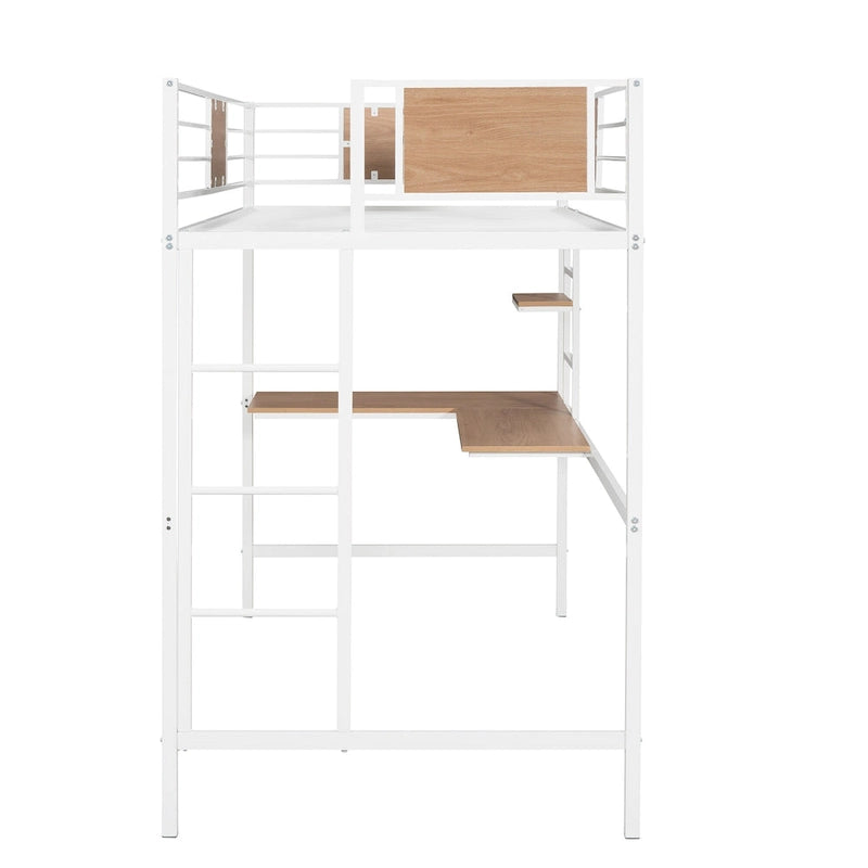 White Twin Size Metal Loft Bed with Desk and Shelves for Kids