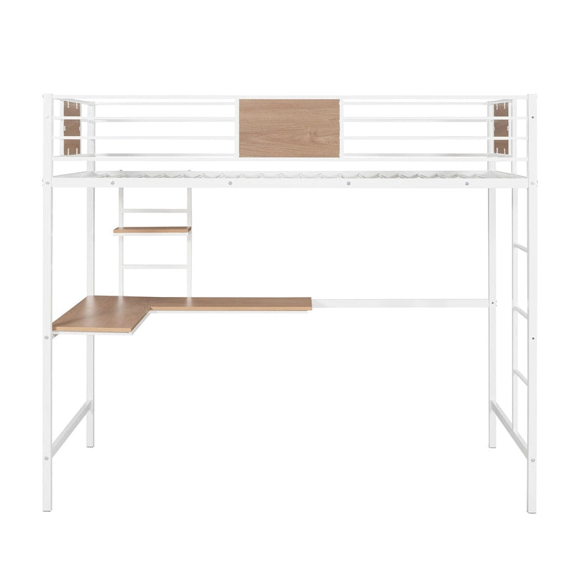 White Twin Size Metal Loft Bed with Desk and Shelves for Kids