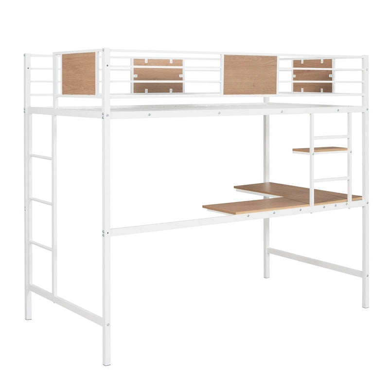 White Twin Size Metal Loft Bed with Desk and Shelves for Kids