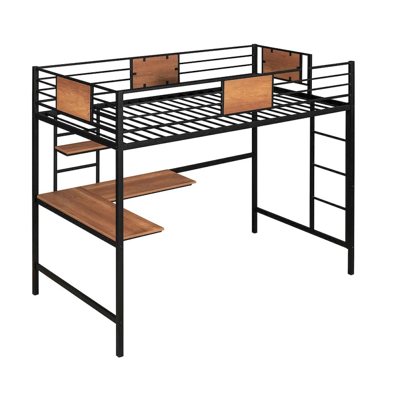 Black Twin Size Metal Loft Bed with Desk and Shelves for Kids