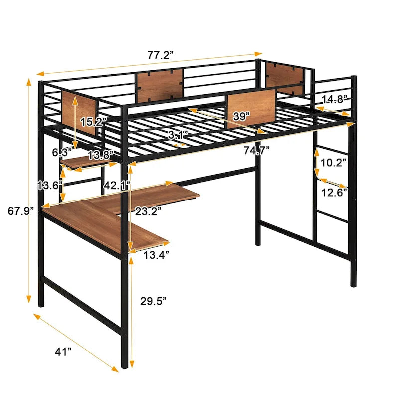 Black Twin Size Metal Loft Bed with Desk and Shelves for Kids