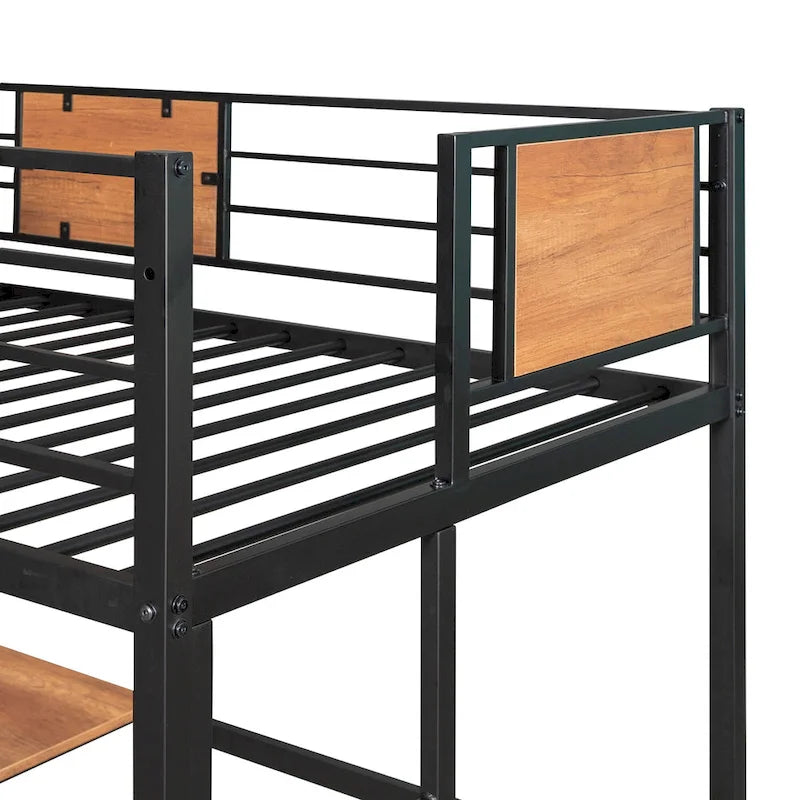 Black Twin Size Metal Loft Bed with Desk and Shelves for Kids
