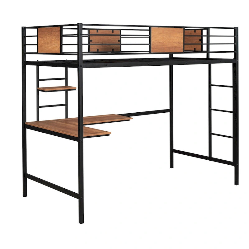 Black Twin Size Metal Loft Bed with Desk and Shelves for Kids