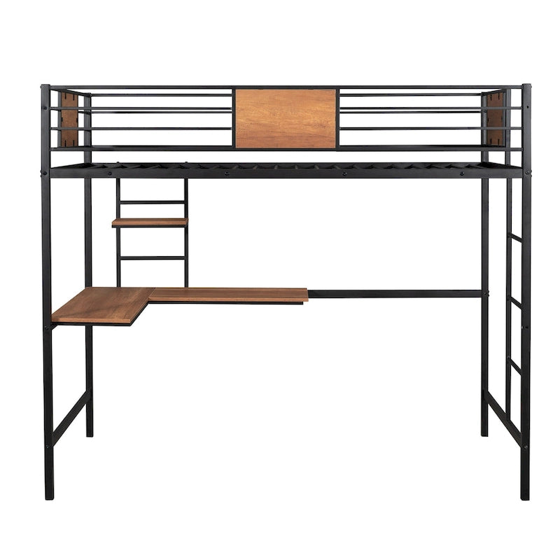 Black Twin Size Metal Loft Bed with Desk and Shelves for Kids