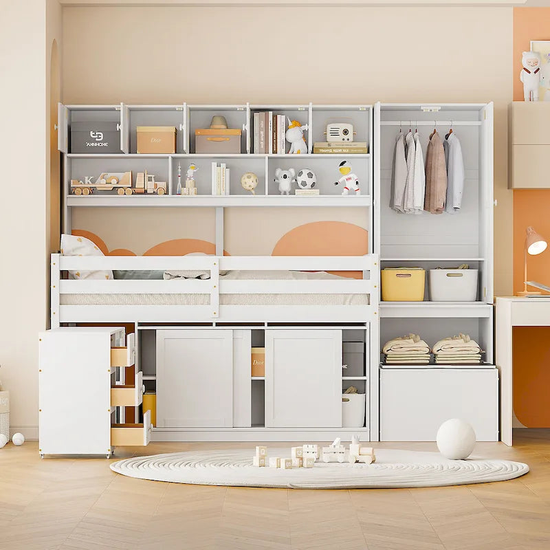White Twin Size Wooden Loft Bed with Integrated Wardrobe, Under-bed Desk, Drawers, with Shelves