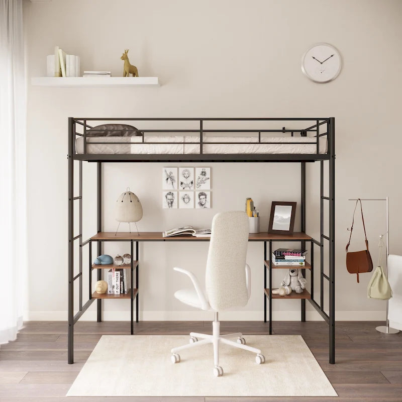 Black Twin Size Metal Loft Bed with Table, Shelves, Heavy-duty Sturdy Metal, Built-in Table, Safety Guardrail
