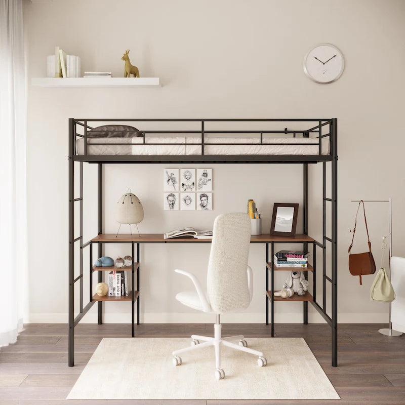 Black Twin Size Metal Loft Bed with Table, Shelves, Heavy-duty Sturdy Metal, Built-in Table, Safety Guardrail