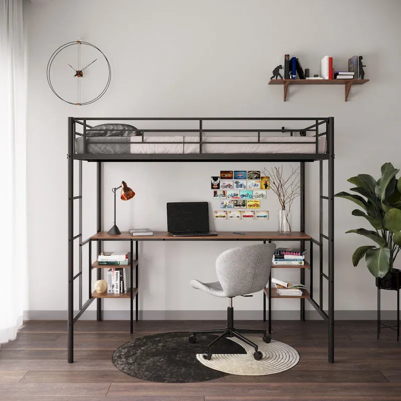 Black Twin Size Metal Loft Bed with Table, Shelves, Heavy-duty Sturdy Metal, Built-in Table, Safety Guardrail