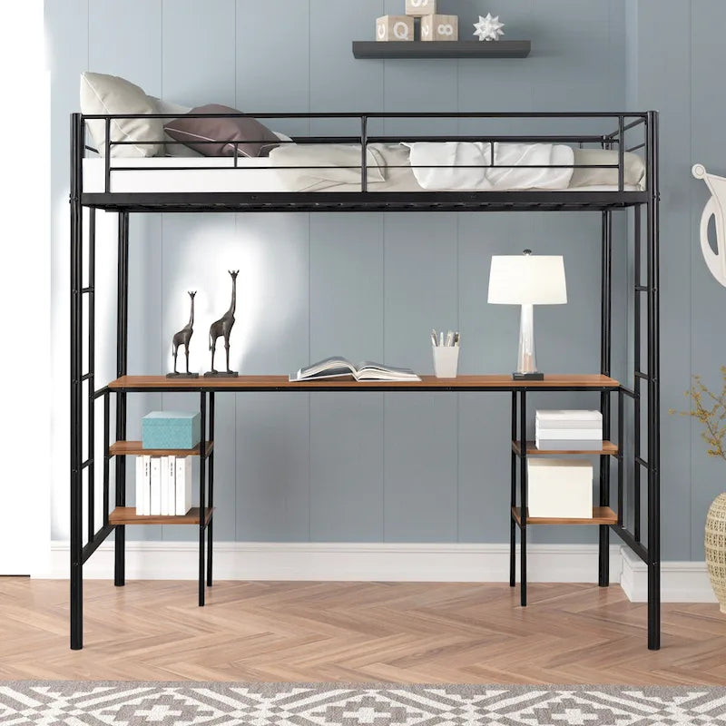 Black Twin Size Metal Loft Bed with Table, Shelves, Heavy-duty Sturdy Metal, Built-in Table, Safety Guardrail