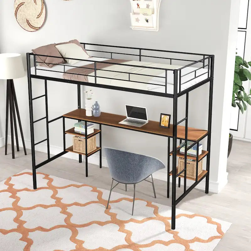 Black Twin Size Metal Loft Bed with Table, Shelves, Heavy-duty Sturdy Metal, Built-in Table, Safety Guardrail