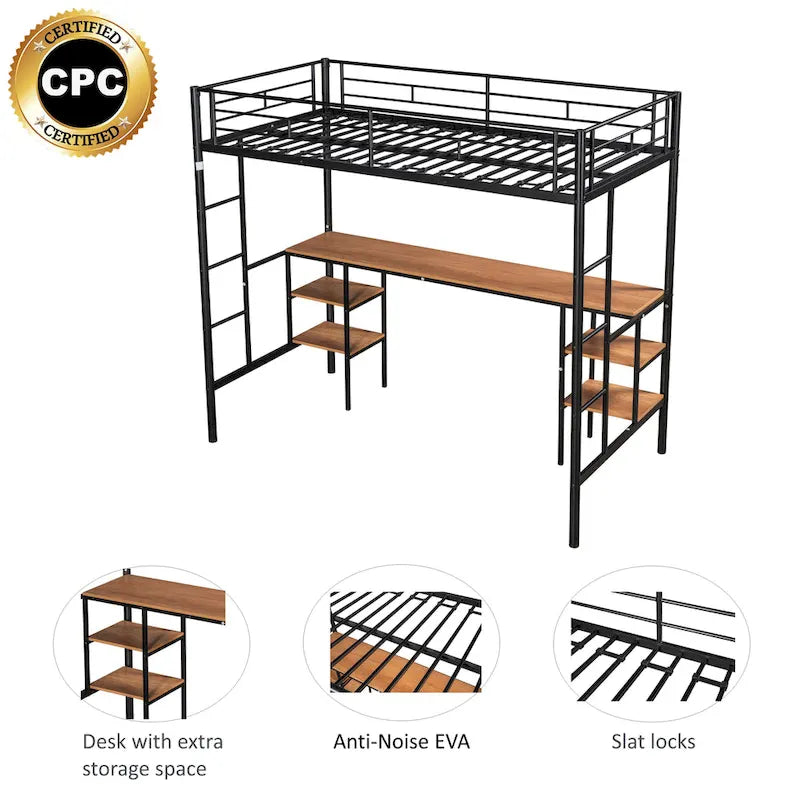 Black Twin Size Metal Loft Bed with Table, Shelves, Heavy-duty Sturdy Metal, Built-in Table, Safety Guardrail