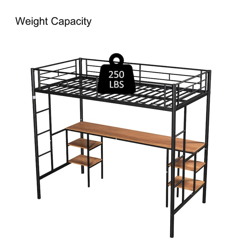Black Twin Size Metal Loft Bed with Table, Shelves, Heavy-duty Sturdy Metal, Built-in Table, Safety Guardrail