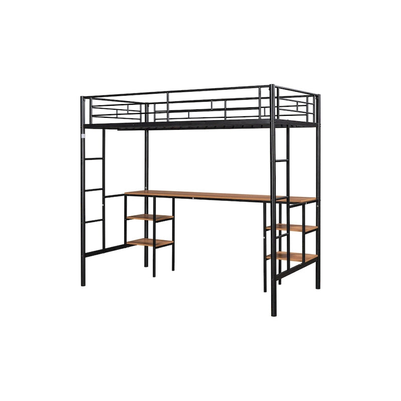 Black Twin Size Metal Loft Bed with Table, Shelves, Heavy-duty Sturdy Metal, Built-in Table, Safety Guardrail