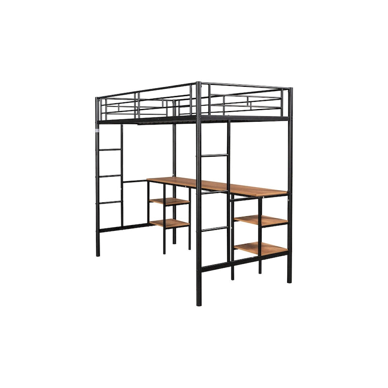 Black Twin Size Metal Loft Bed with Table, Shelves, Heavy-duty Sturdy Metal, Built-in Table, Safety Guardrail