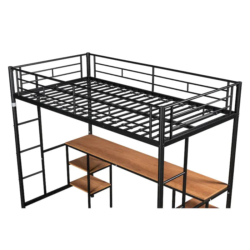 Black Twin Size Metal Loft Bed with Table, Shelves, Heavy-duty Sturdy Metal, Built-in Table, Safety Guardrail