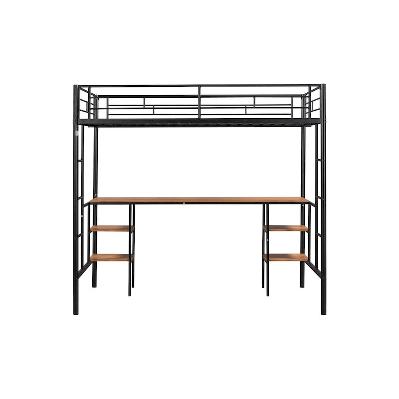 Black Twin Size Metal Loft Bed with Table, Shelves, Heavy-duty Sturdy Metal, Built-in Table, Safety Guardrail