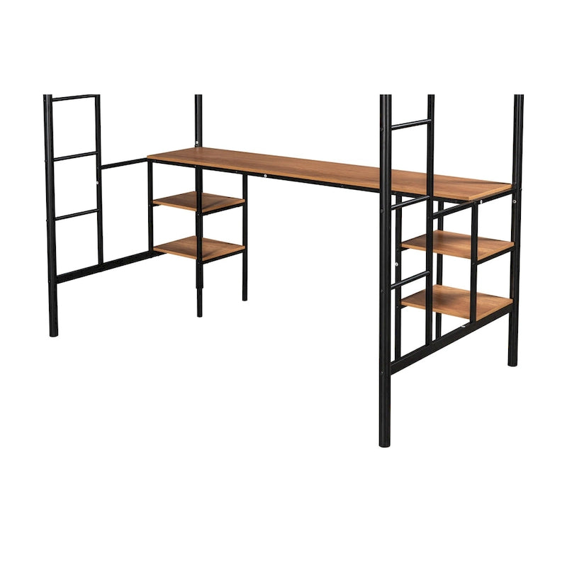 Black Twin Size Metal Loft Bed with Table, Shelves, Heavy-duty Sturdy Metal, Built-in Table, Safety Guardrail