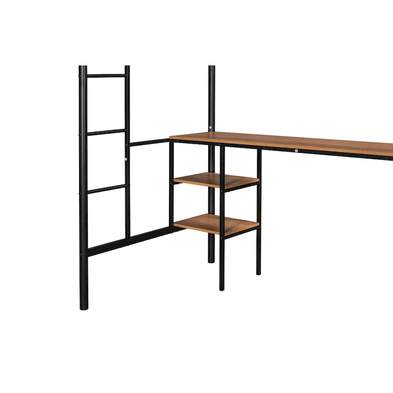 Black Twin Size Metal Loft Bed with Table, Shelves, Heavy-duty Sturdy Metal, Built-in Table, Safety Guardrail