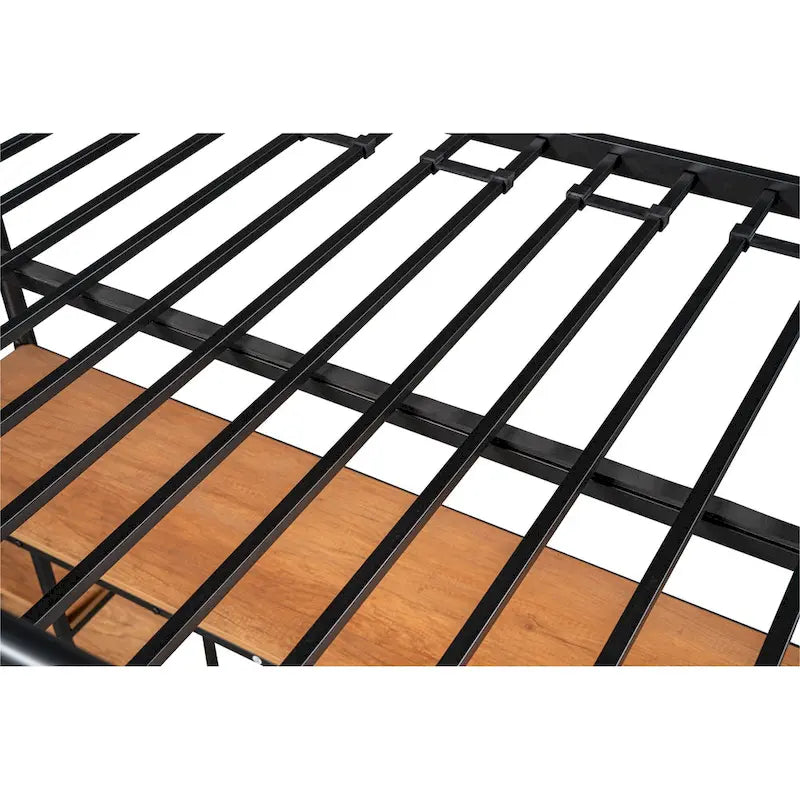 Black Twin Size Metal Loft Bed with Table, Shelves, Heavy-duty Sturdy Metal, Built-in Table, Safety Guardrail