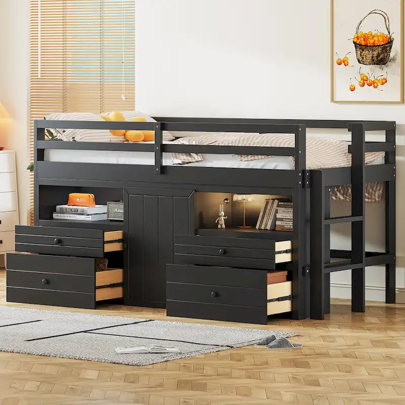 Espresso Twin Size Solid Wood Loft Bed with 4 Drawers, Underneath Cabinet and Shelves