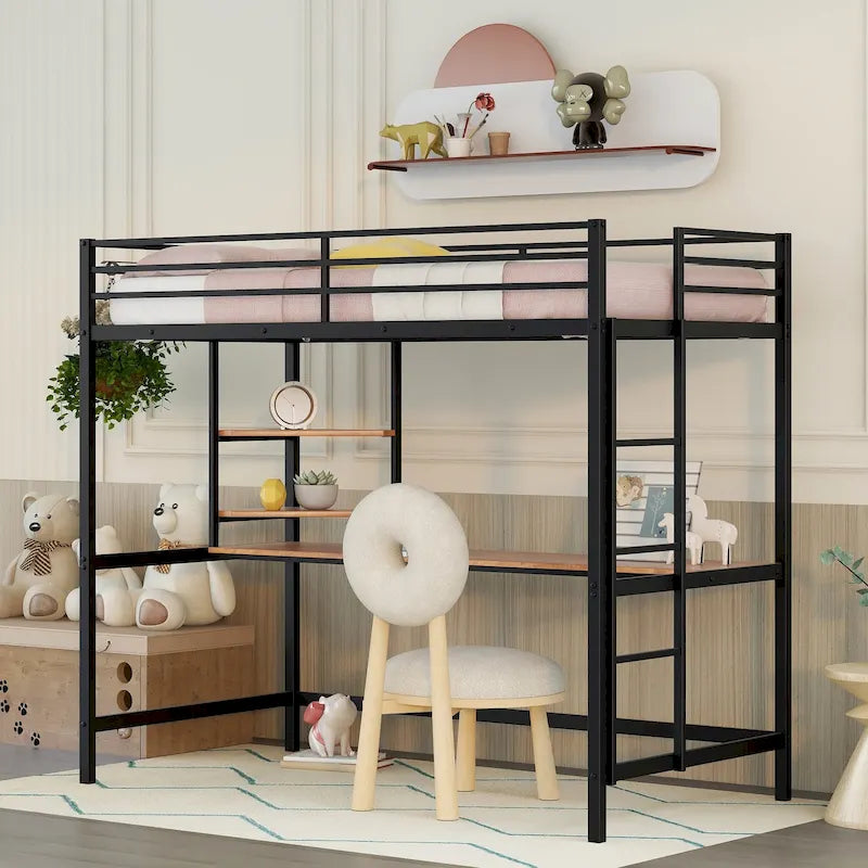 Black Twin Size Metal Loft Bed with Desk, Ladder, and Shelves for Kids