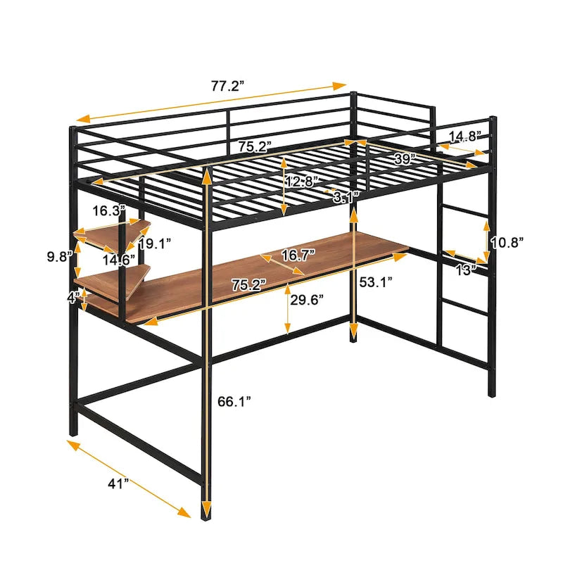 Black Twin Size Metal Loft Bed with Desk, Ladder, and Shelves for Kids