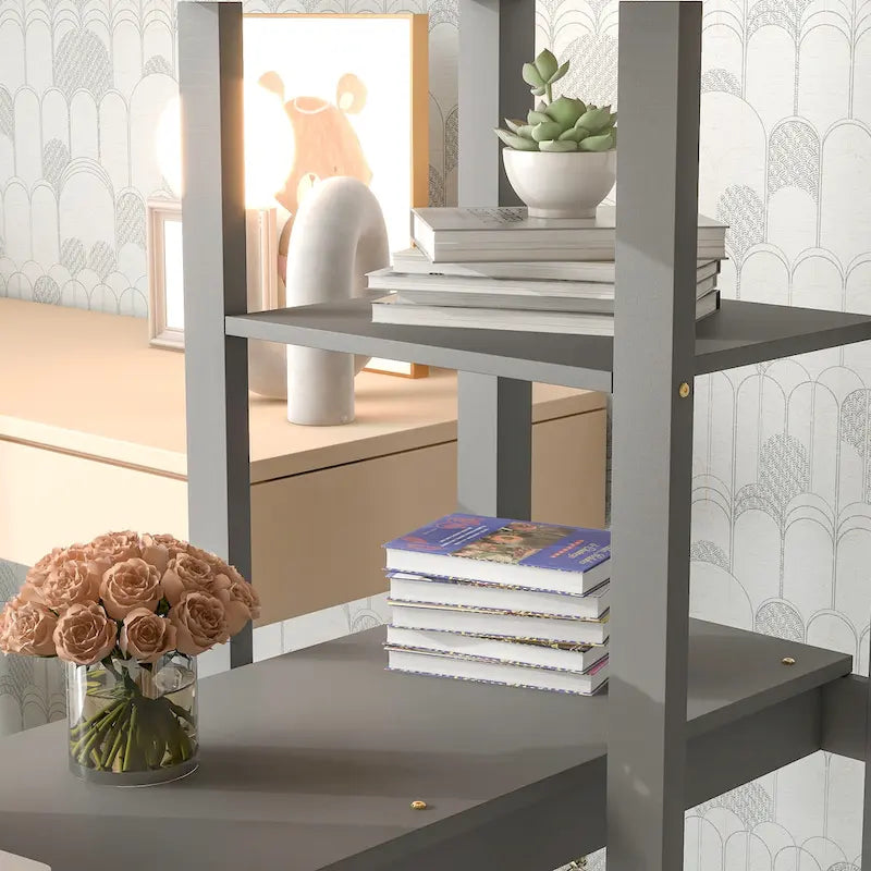 Grey Full Size Wood Loft Bed with Built-in Desk and Guardrails