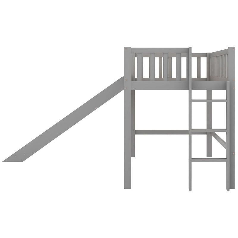 Gray Twin Size Wood Low Loft Bed with Ladder and Slide for Kids, Boys and Girls