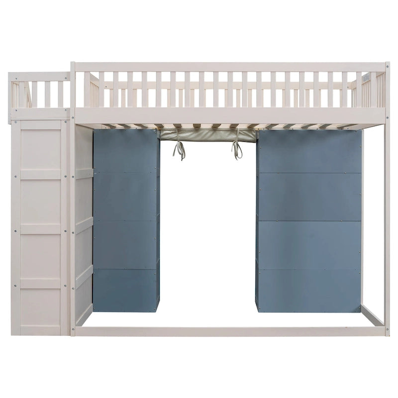 White Full Size Solid Wood Loft Bed with Storage Cabinets and Curtain