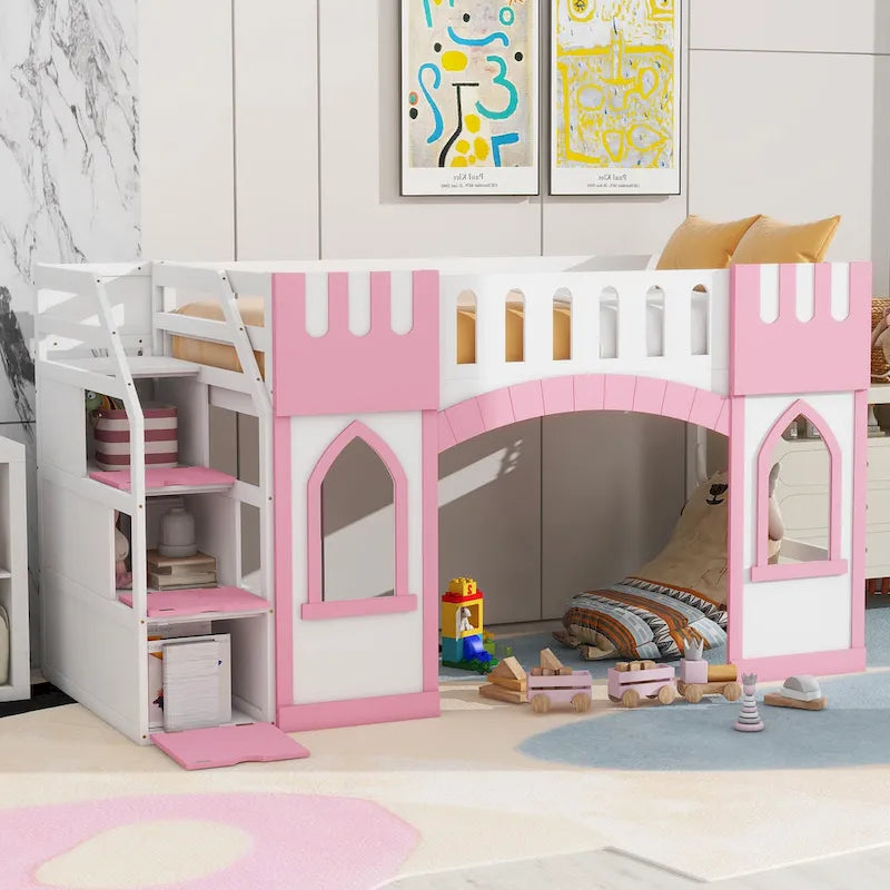 Pink Solid Wood Loft Bed with Storage Staircase and Window